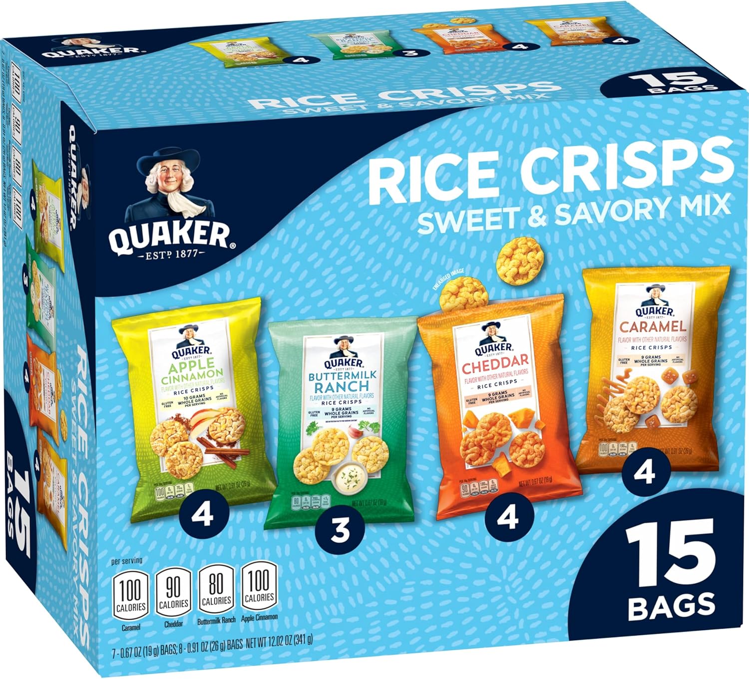 Quaker Rice Crisps, 4 Flavor Sweet and Savory Variety Mix, 15 count