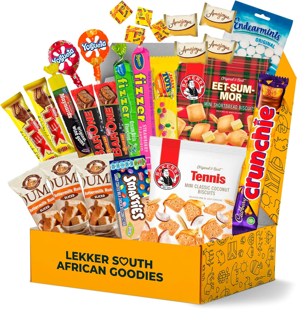 Exotic South African Snacks Box | 26 Authentic Treats with Candy & Biscuits | Unique Assortment of Famous Snacks | Perfect Exotic Gift for Food Lovers | Elegant Variety Pack