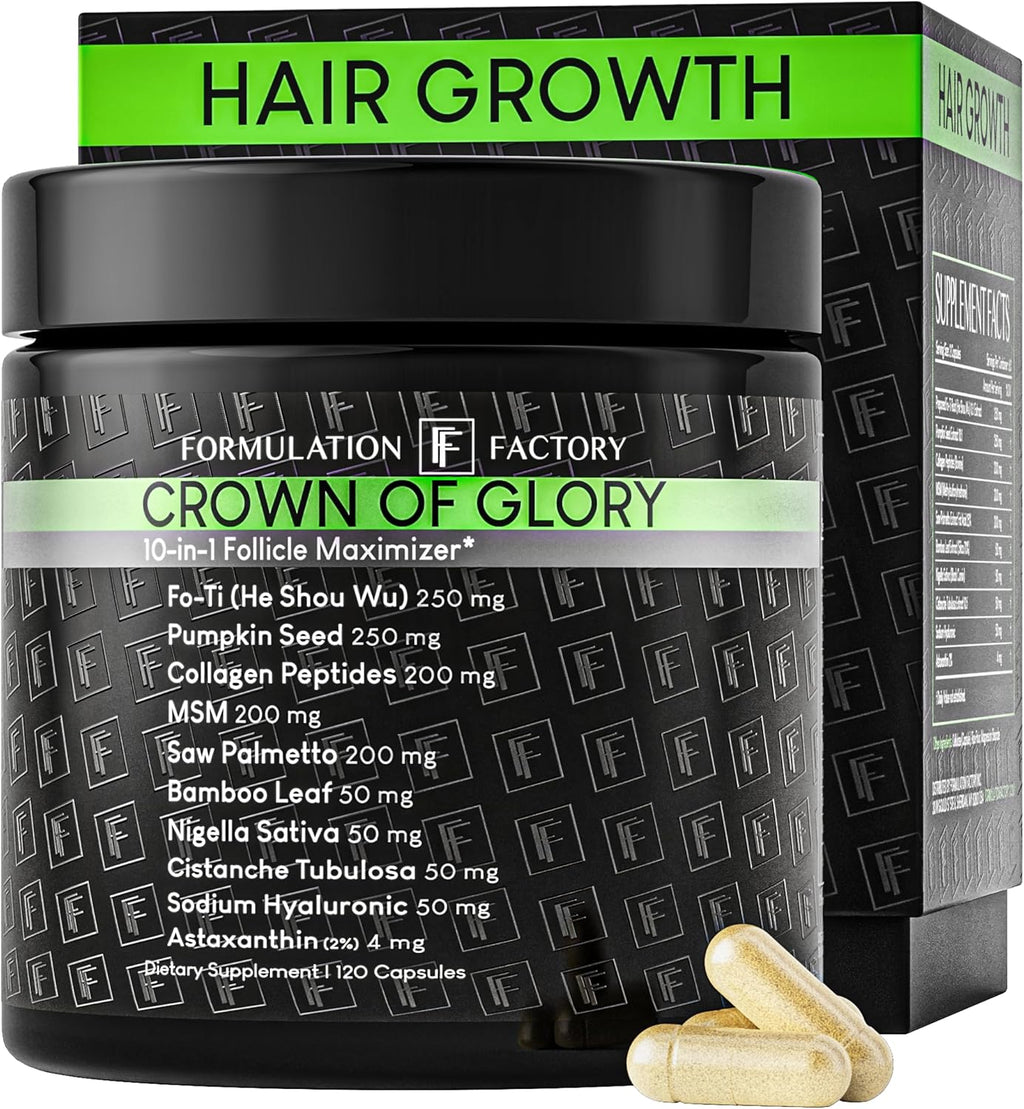 Formulation Factory Crown of Glory 10-in-1 Hair Growth Products - DHT Blocker for Men & Women with Pumpkin Seed Oil - Hair Vitamins for Faster Growth & Thickness - 120 Capsules, 2 Month Supply