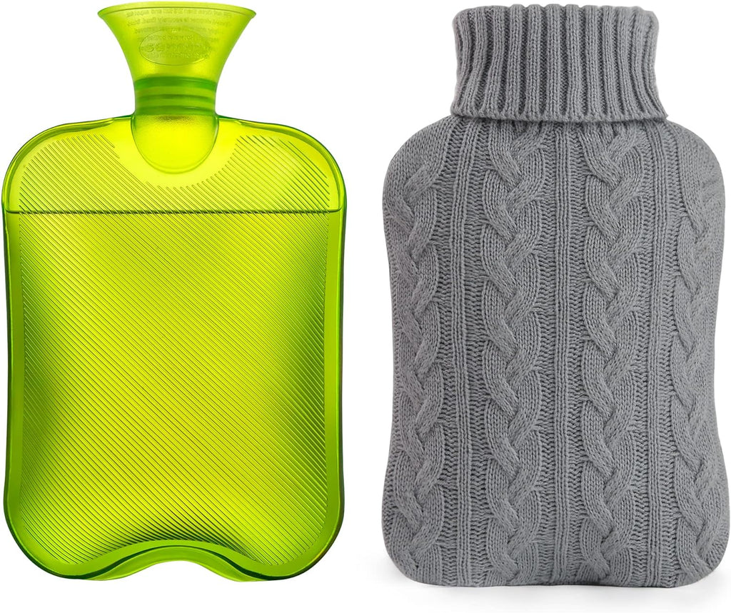 samply Hot Water Bottle with Knitted Cover, 2L Hot Water Bag for Hot and Cold Compress, Hand Feet Warmer, Ideal for Menstrual Cramps, Neck and Shoulder Pain Relief,Grey