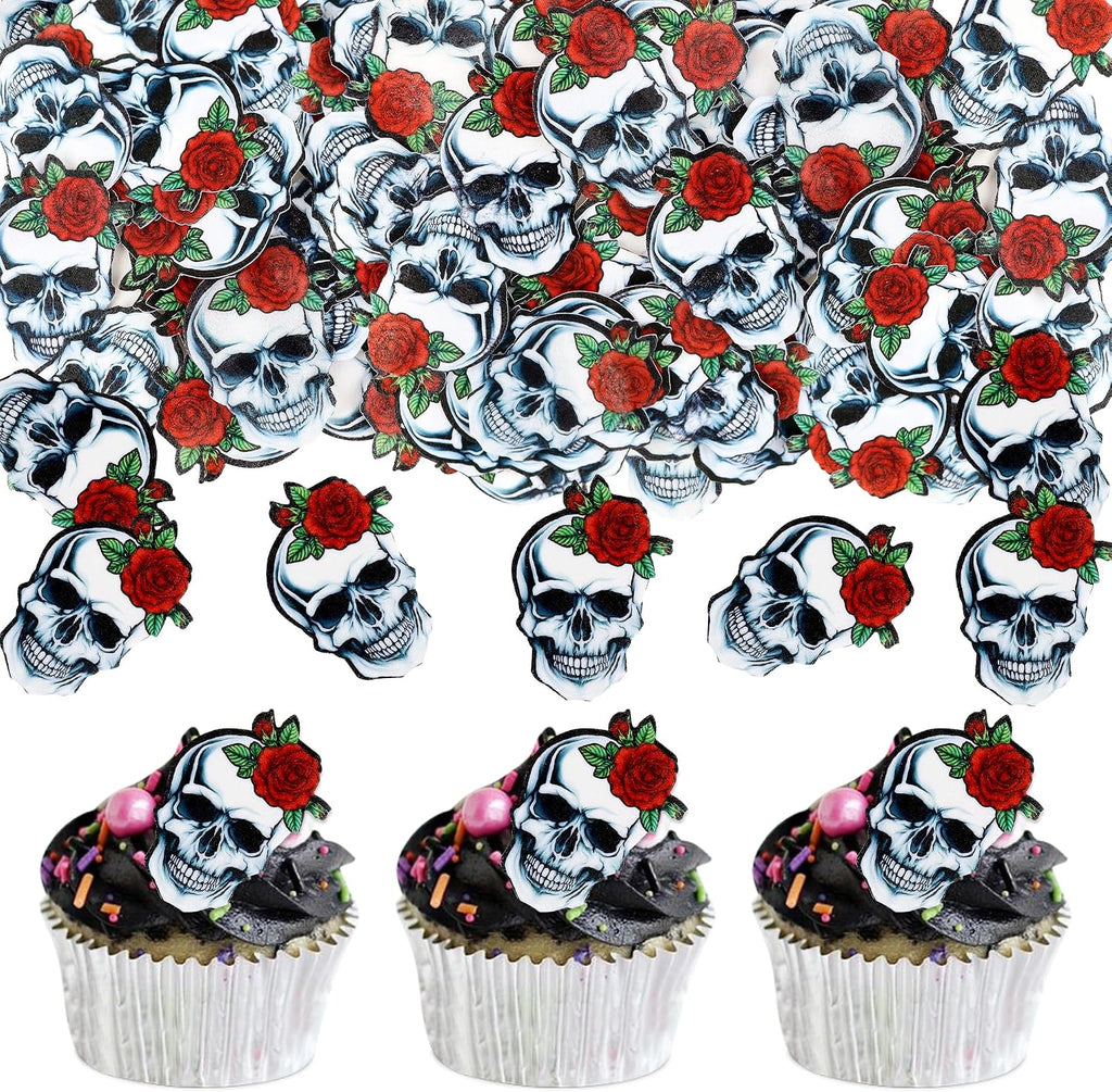 Ercadio 40Pcs Edible Wafer Paper Halloween Skull Cupcake Toppers Drink Topper Picks Horror Skull Cupcake Decors for Halloween Theme Baby Shower Party Cake Decoration Supplies
