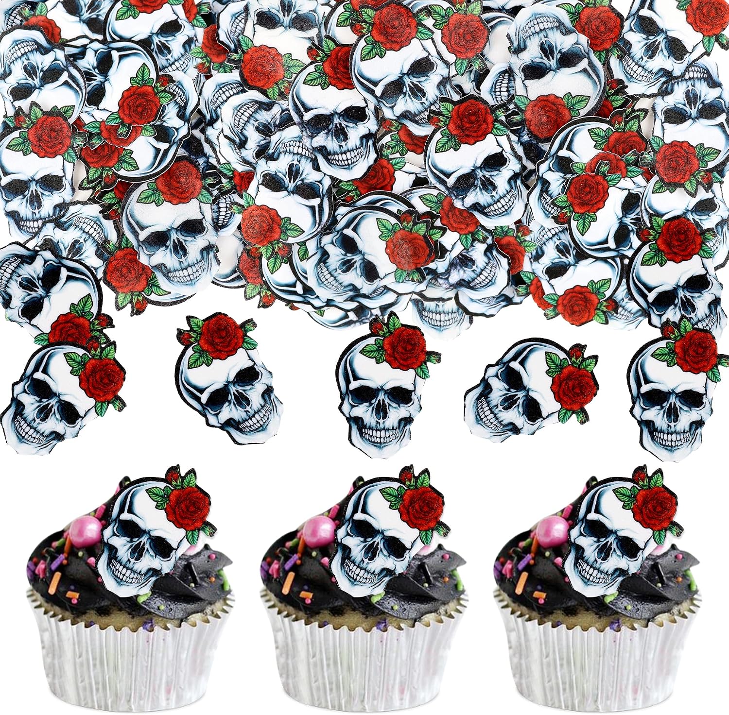 Ercadio 40Pcs Edible Wafer Paper Halloween Skull Cupcake Toppers Drink Topper Picks Horror Skull Cupcake Decors for Halloween Theme Baby Shower Party Cake Decoration Supplies