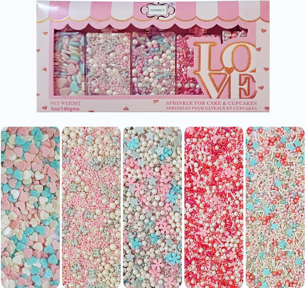 Confect Sprinkles – Aqua Blue, Pink & Silver Edible Sprinkle Mix with White & Pink Pearls | Pack of 5 for Cake, Cupcake & Cookie Decorating |Frozen Fantasy Heart| Birthday & Celebration Baking Toppings | Vegan, Gluten-Free – 5 Oz