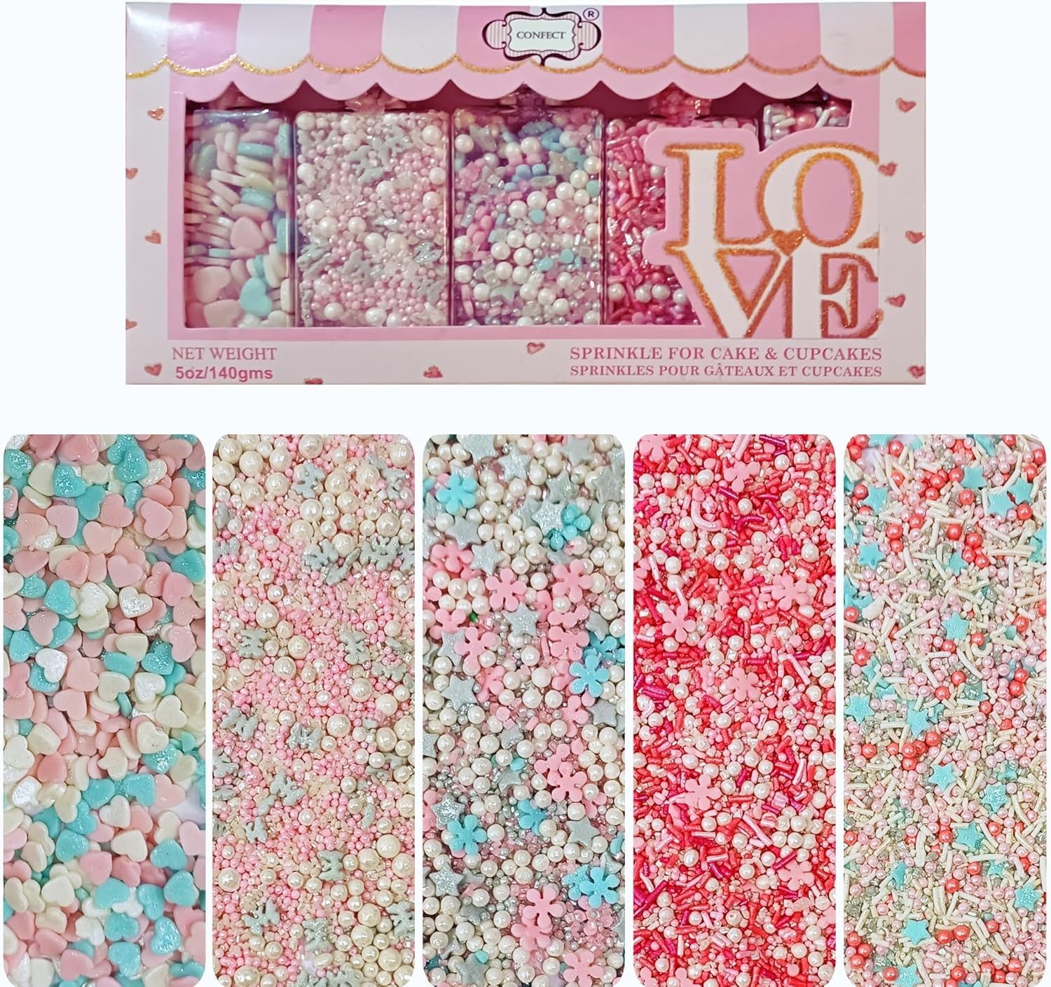 Confect Sprinkles – Aqua Blue, Pink & Silver Edible Sprinkle Mix with White & Pink Pearls | Pack of 5 for Cake, Cupcake & Cookie Decorating |Frozen Fantasy Heart| Birthday & Celebration Baking Toppings | Vegan, Gluten-Free – 5 Oz