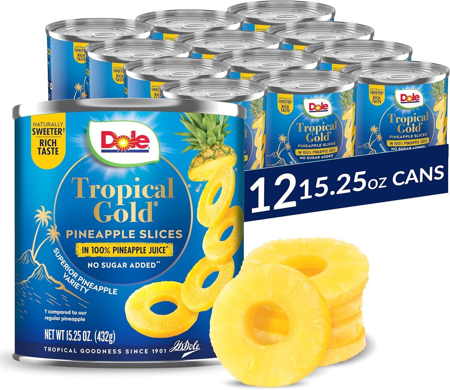 Dole Canned Fruit, Tropical Gold Pineapple Slices in 100% Pineapple Juice, Gluten Free, Pantry Staples, No Sugar Added, 15.25 Oz, 12 Count