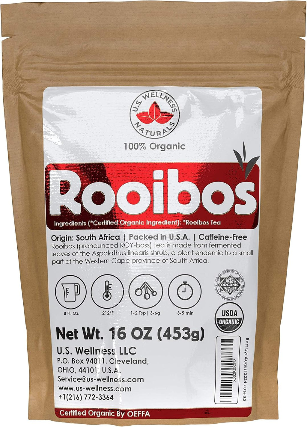 Rooibos Tea 1LB (16Oz) 100% CERTIFIED Organic (USDA seal) | Red Rooibos Loose Leaf Tea | South African Red Bush Herbal Tea| (200+ CUPS) | Non-GMO | Keto Friendly