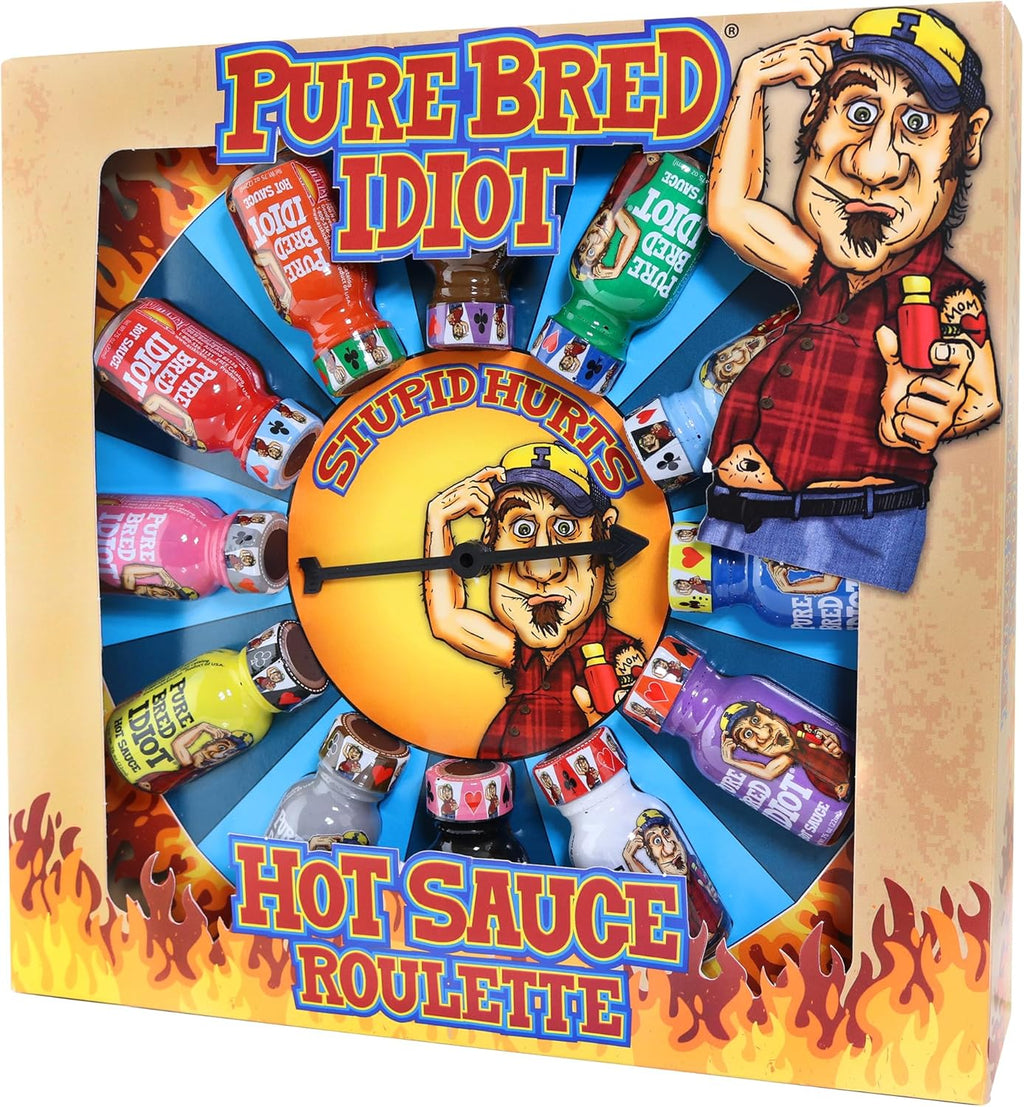 Pure Bred Idiot - Hot Sauce Roulette Game - 12 - 0.75 Ounce Bottles Hot Sauce Gift Set - Perfect Premium Gourmet Gag Gifts for Men - Spicy Challenge Hot Sauce Sampler