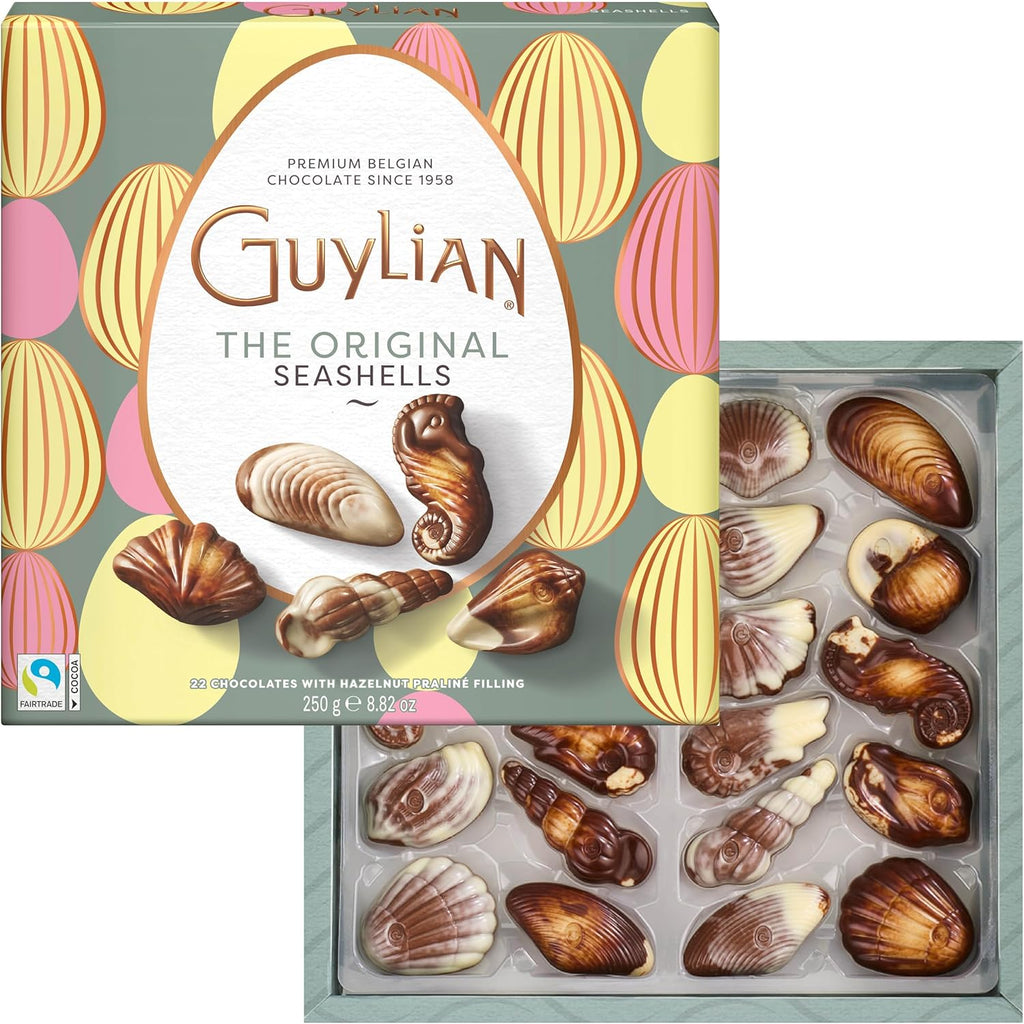 Belgian Chocolate Seashells, Easter Special Edition, 8.82 oz, 22 pc Gourmet Hazelnut Praliné Chocolates by GuyLian, Festive Easter Candy Gift Box, Milk, White & Dark Chocolate for Baskets & Spring Celebrations