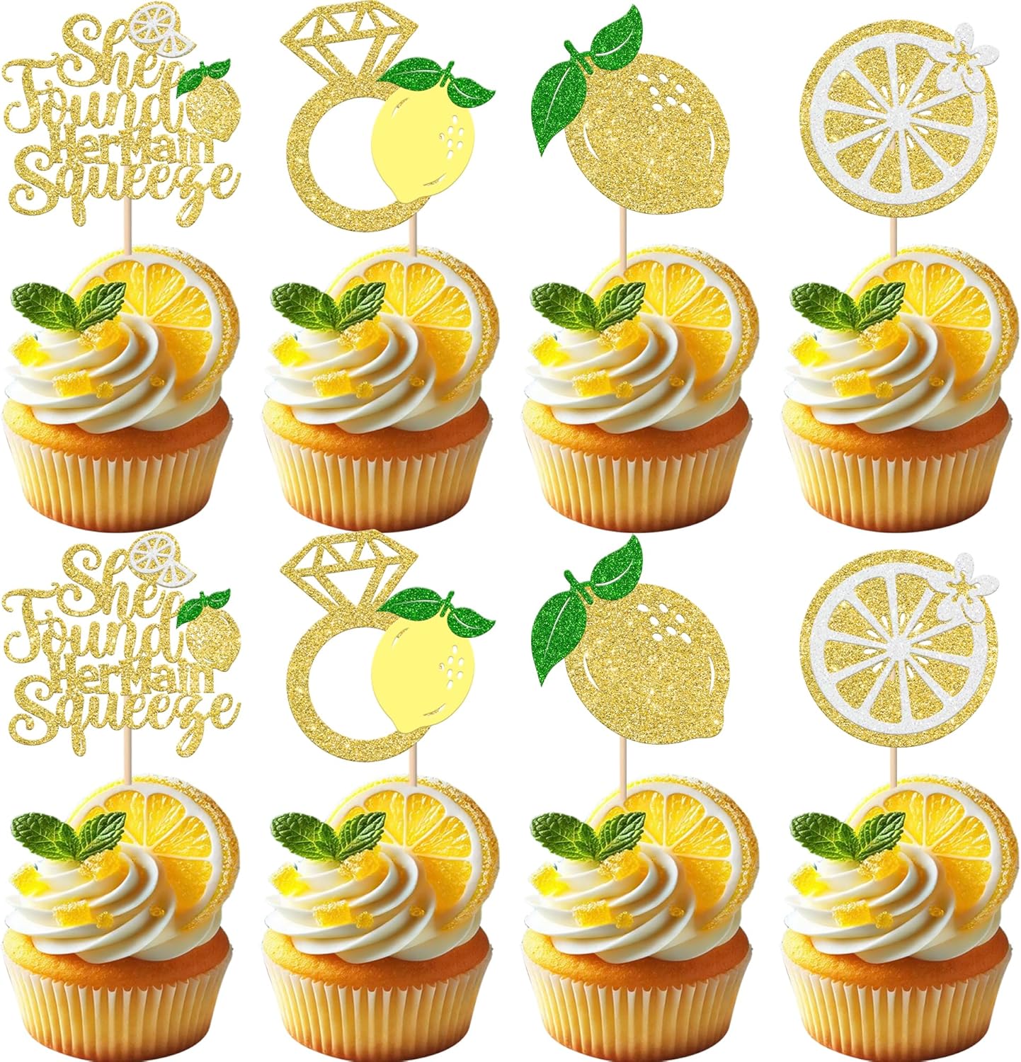 Rsstarxi 24 Pack She Found Her Main Squeeze Cupcake Toppers Diamond Ring Glitter Lemon Cupcake Picks for Bridal Shower Wedding Engagement Bachelorette Party Cake Decorations