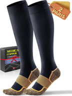 Medical Copper Compression Socks 20-30 mmHg for Women & Men (2 Pairs) - Knee High Graduated Compression for Circulation, Swelling, Odor Control, Athletic, Travel, Flying