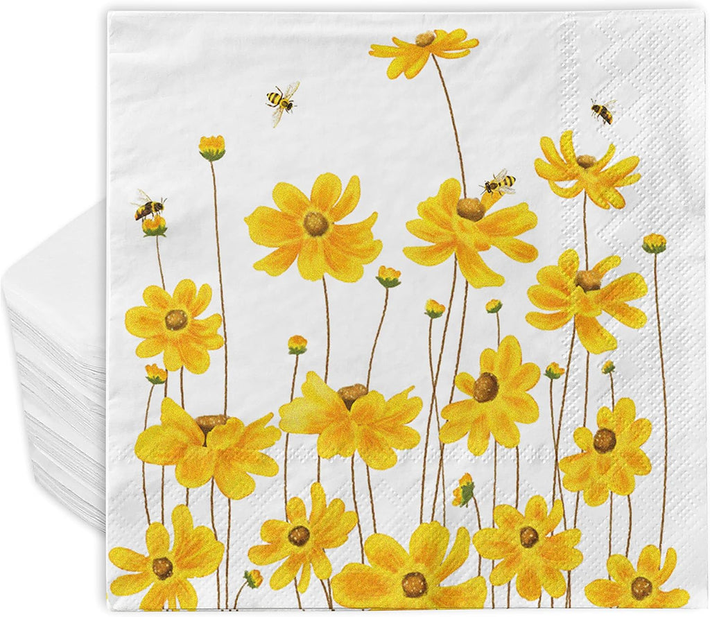 AnyDesign 80 Pack Summer Calliopsis Paper Napkins Flower Bee Dinner Napkins Yellow Floral Decorative Disposable Luncheon Hand Napkin for Spring Home Holiday Party Supplies