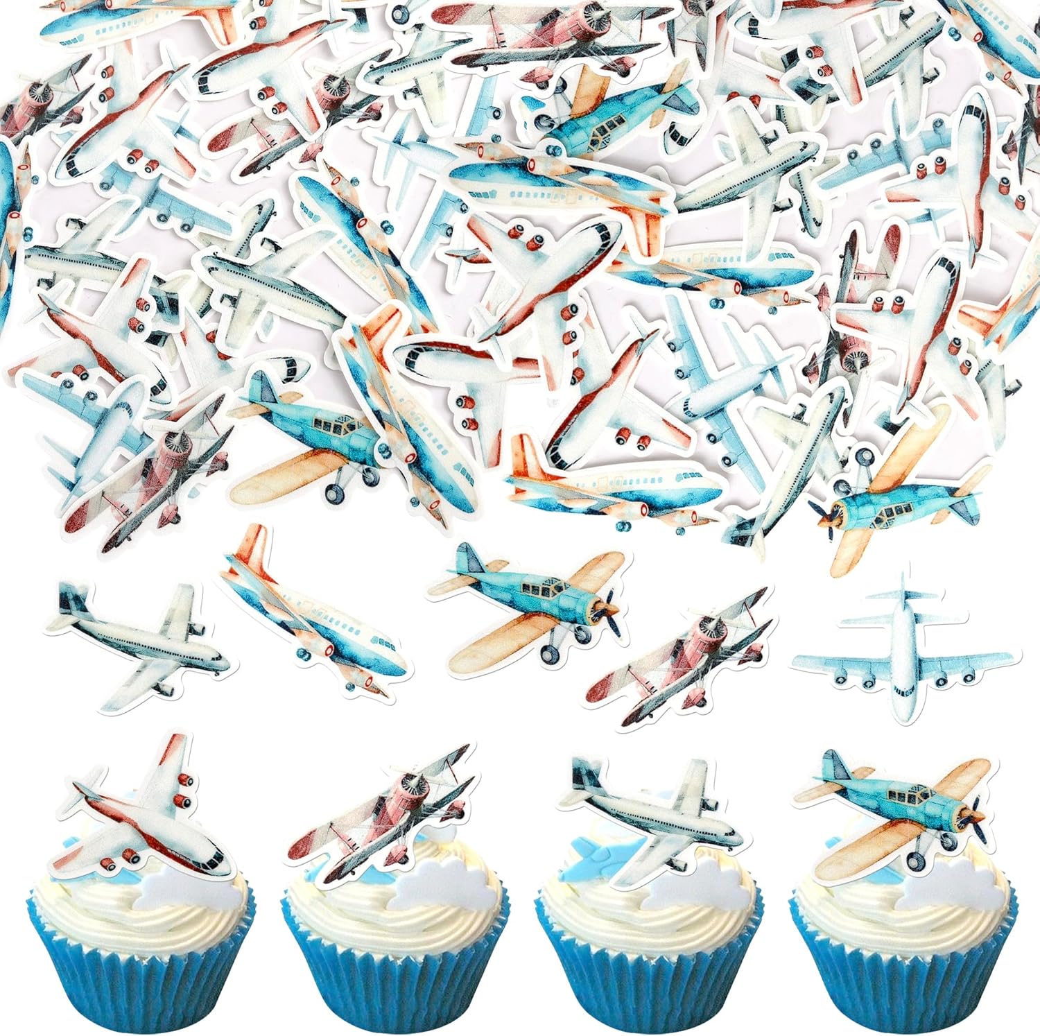60 Pack Edible Airplane Cupcake Toppers Glitter Plane Theme Water Paper Cupcake Picks for Baby Shower Aviation Fighter Theme Birthday Party Cake Decorations Supplies
