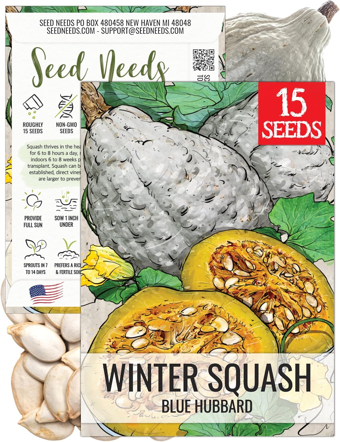 Seed Needs Blue Hubbard Winter Squash Seeds for Planting - Non-GMO, Heirloom & Untreated - Golden Yellow Sweet Flesh Perfect for Baking & Cooking (1 Pack)