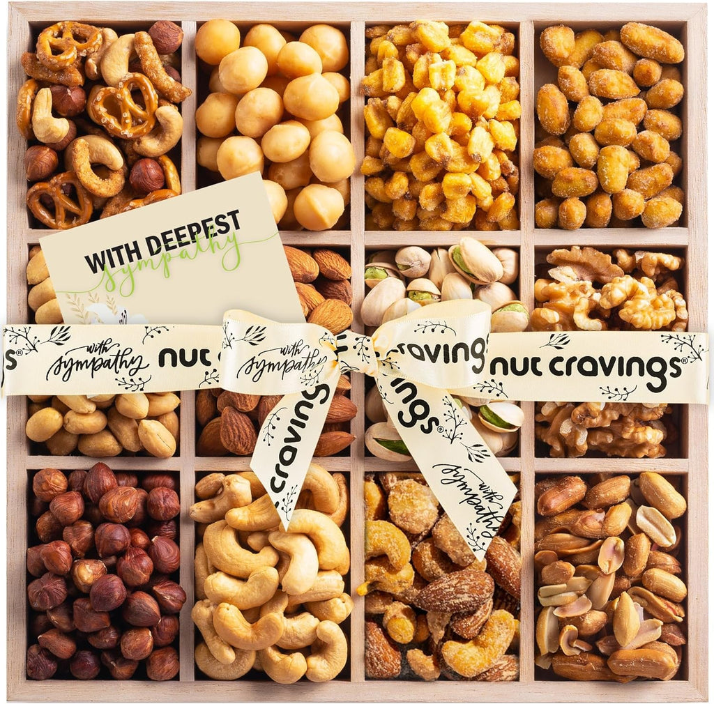 NUT CRAVINGS Gourmet Collection - Sympathy Condolence, Nuts Gift Basket with Sympathy Ribbon + Greeting Card in Reusable Wooden Tray (12 Assortments) Food Platter Healthy Snack Care Package