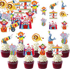 48Pcs Edible Circus Cupcake Toppers Wafer Paper Circus Animals Party Cake Toppers Picks Carnival Theme Baby Shower Kids Birthday Party Supplies
