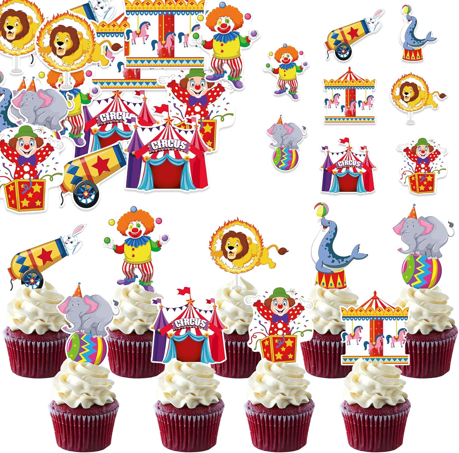 48Pcs Edible Circus Cupcake Toppers Wafer Paper Circus Animals Party Cake Toppers Picks Carnival Theme Baby Shower Kids Birthday Party Supplies