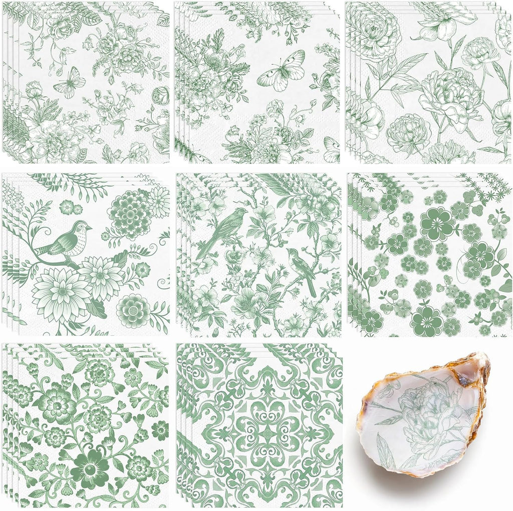 16 Pcs 8 Styles Decoupage Napkins, Sage Green Floral Paper Napkins Chinoiserie Decorative Cocktail Napkin Pretty Printed Cocktail Paper for DIY Crafting Furniture Decor Birthday Party Baby Shower