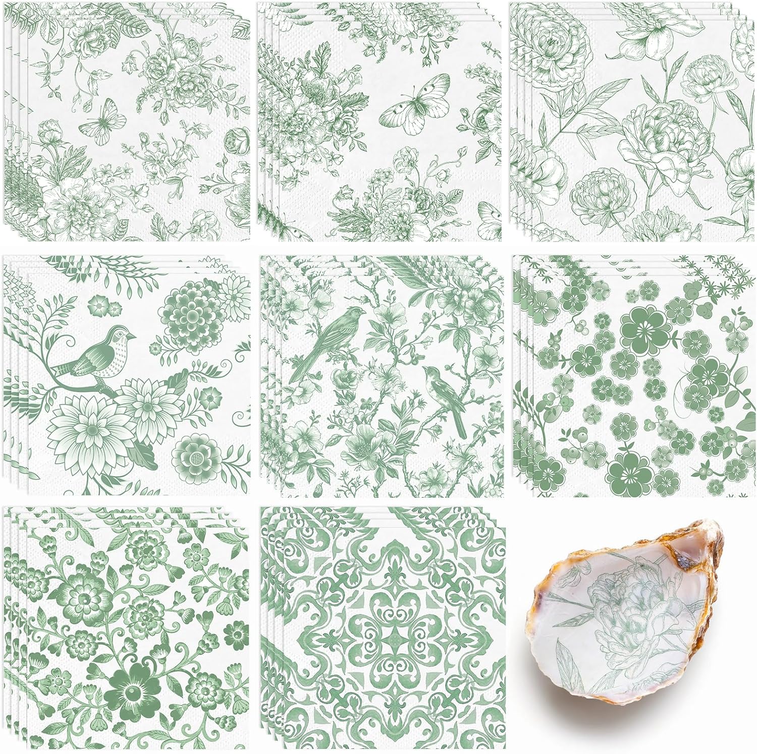 16 Pcs 8 Styles Decoupage Napkins, Sage Green Floral Paper Napkins Chinoiserie Decorative Cocktail Napkin Pretty Printed Cocktail Paper for DIY Crafting Furniture Decor Birthday Party Baby Shower