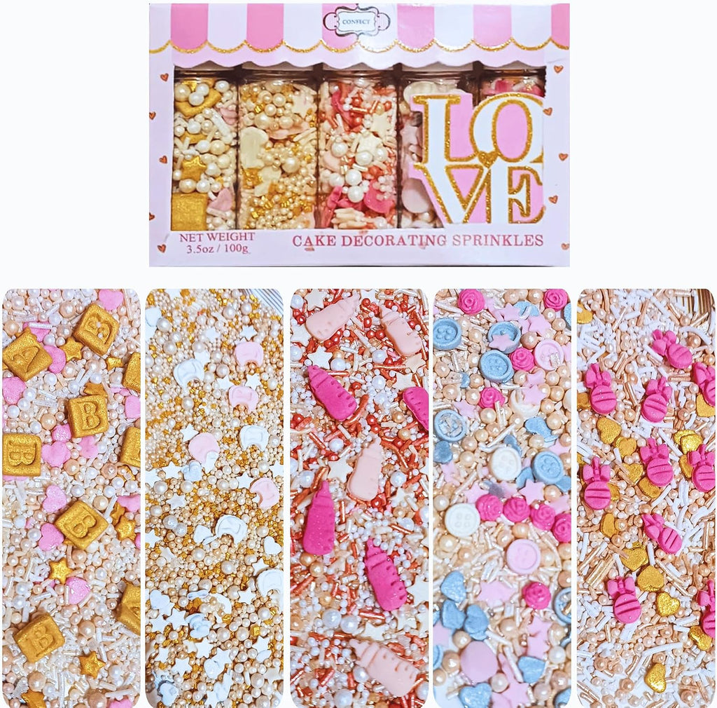 Confect Girls Baby Shower Sprinkles | Mix Baby Bib, Baby Feed Bottle, Button, Heart & Star Sprinkles | Assorted Pack of 5 Edible Sprinkles | Vegan, Gluten-Free, Nut-Free, Soy-Free, Dairy-Free, Palm Oil-Free - 5 Oz