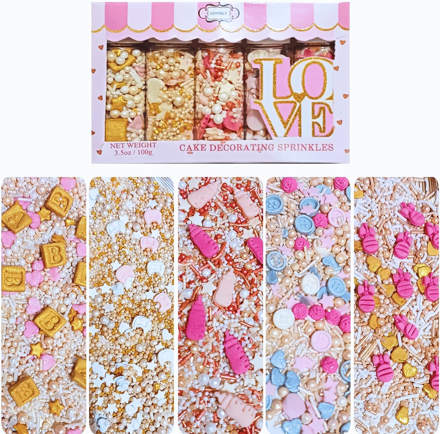 Confect Girls Baby Shower Sprinkles | Mix Baby Bib, Baby Feed Bottle, Button, Heart & Star Sprinkles | Assorted Pack of 5 Edible Sprinkles | Vegan, Gluten-Free, Nut-Free, Soy-Free, Dairy-Free, Palm Oil-Free - 5 Oz