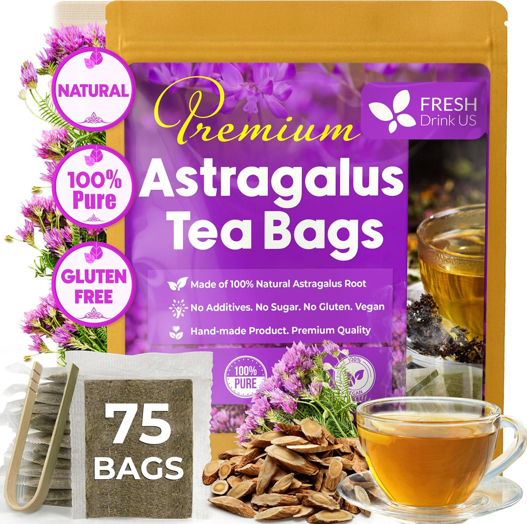 FreshDrinkUS, Premium 75 Astragalus Root Tea Bags, 100% Natural & Pure from Astragalus Root. Astragalus Root Herbal Tea. Made with Natural Material Tea Bags. No Sugar, No Caffeine, No Gluten, Vegan.