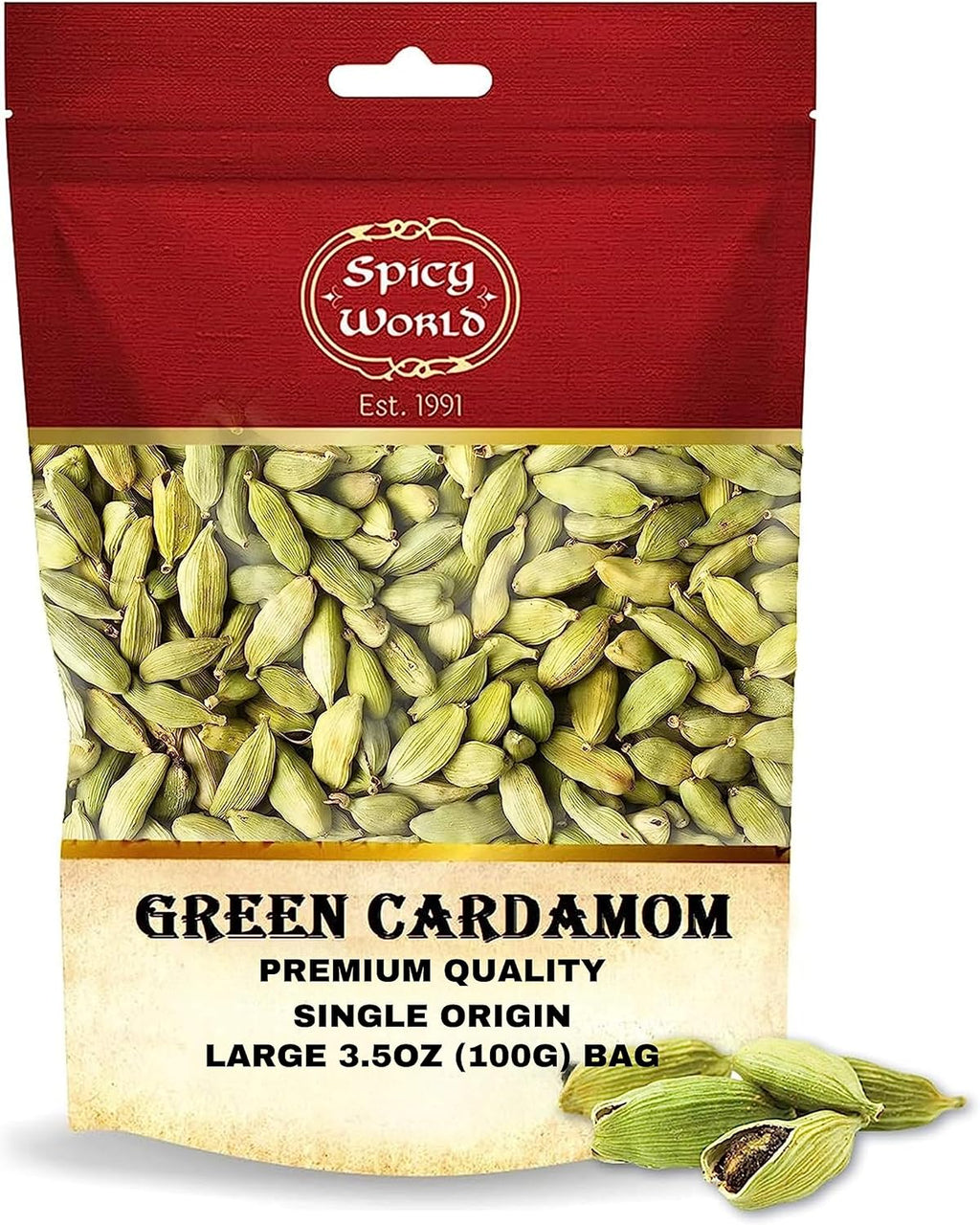 Spicy World Green Cardamom Pods 3.5 Oz - As Seen on Tik Tok - Premium Quality Whole Green Cardamom Pods | Vegan | Large | Aromatic Cardamon