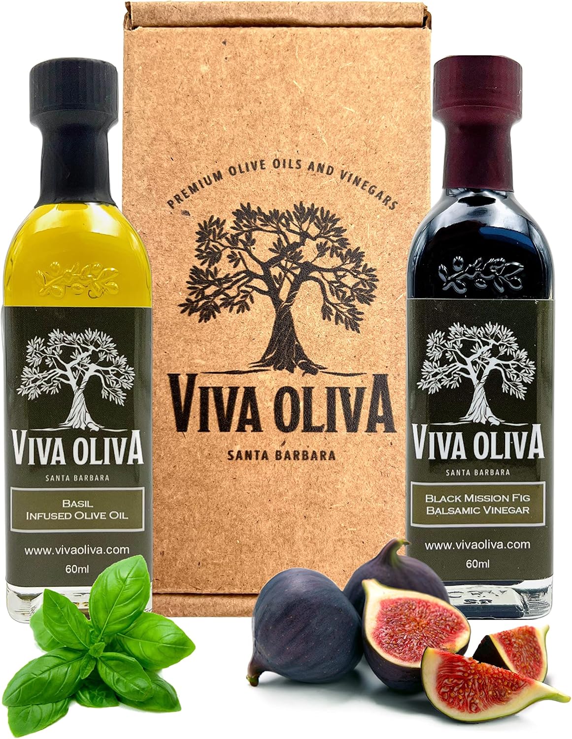 Viva Oliva Two 60ml (2oz) Variety Gift Set - Basil Infused Olive Oil and Black Mission Fig Dark Balsamic Vinegar - Premium Quality - 100% Natural