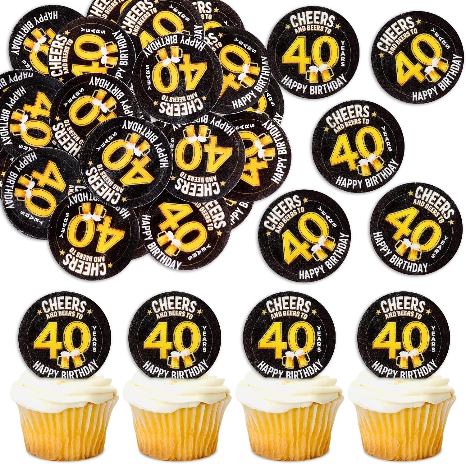 40Pcs Edible Cheers Beers to 40 Years Cupcake Toppers Edible Black Happy 40th Birthday Cupcake Picks Drink Toppers for Cheers Beers Theme 40th Men Birthday Party Decorations