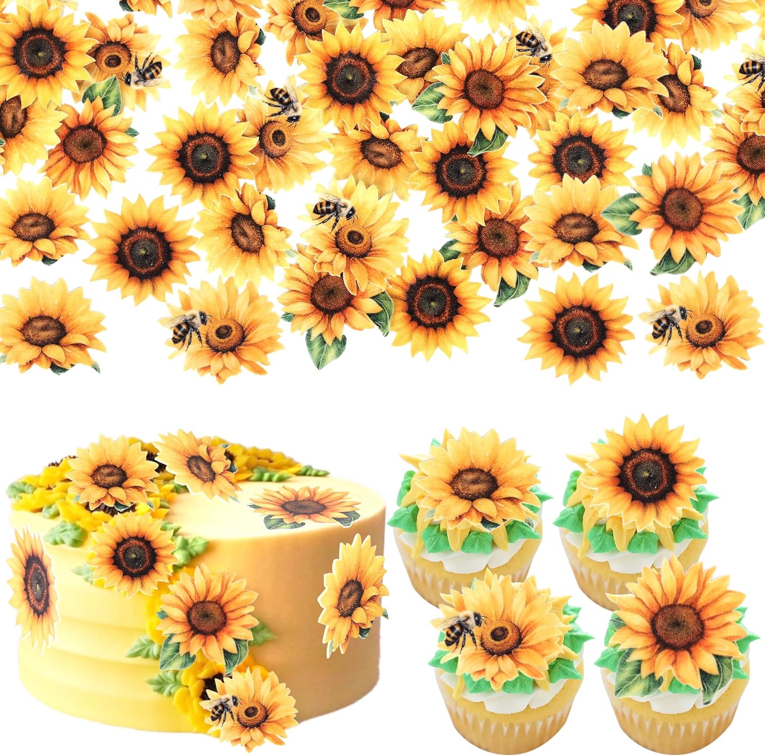 Rsstarxi 60 Pack Edible Sunflower Cupcake Toppers Rice Paper Bee Sunflower Cupcake Picks Decoration for Spring Summer Theme Baby Shower Wedding Birthday Party Cake Decorations