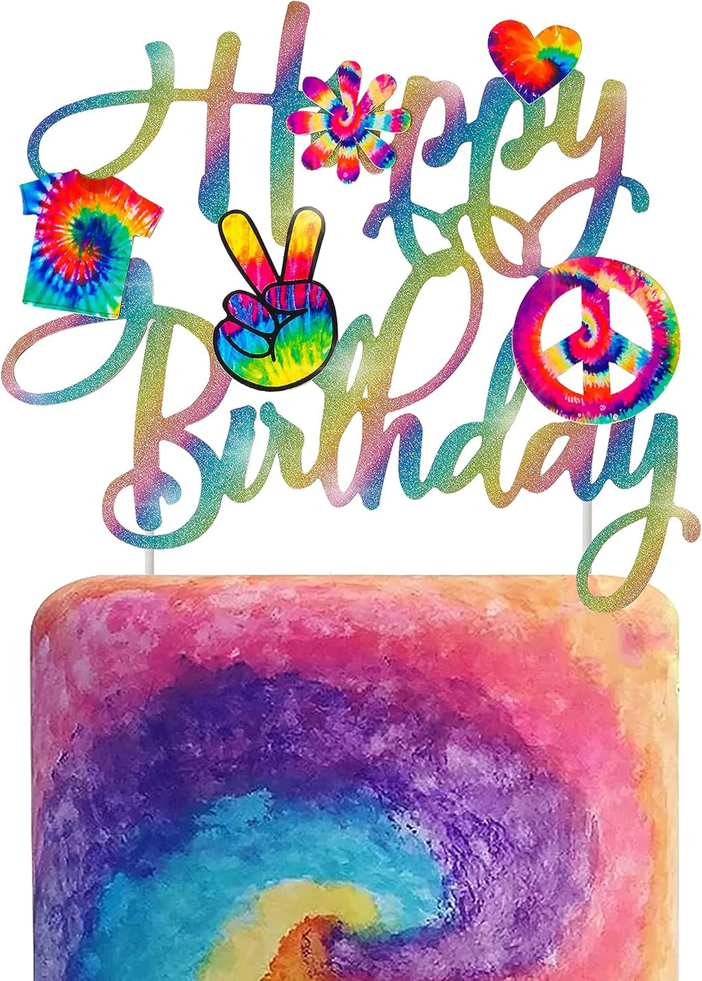 C L cooper life Tie Dye Happy Birthday Cake Topper - Gold, 1pc, 7.9 x 6.8 inches - Tie Dye Party Decoration for Carnival, Baby Shower, Birthday