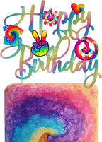 C L cooper life Tie Dye Happy Birthday Cake Topper - Gold, 1pc, 7.9 x 6.8 inches - Tie Dye Party Decoration for Carnival, Baby Shower, Birthday