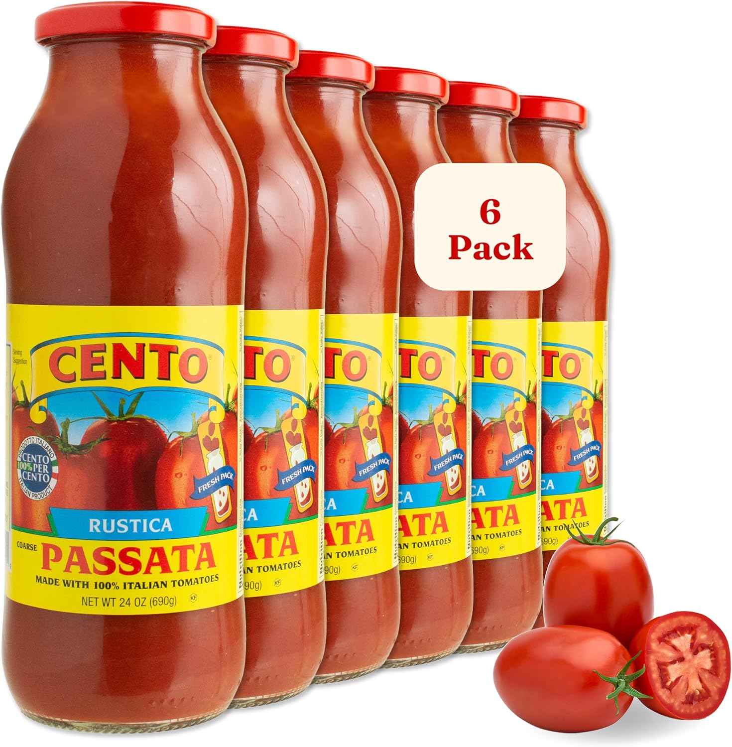 Cento Rustica Passata, 24 Oz (Pack of 6), 100% Italian Crushed Tomatoes, Made in Italy from Fresh Whole Tomatoes - Non-GMO, Gluten-Free