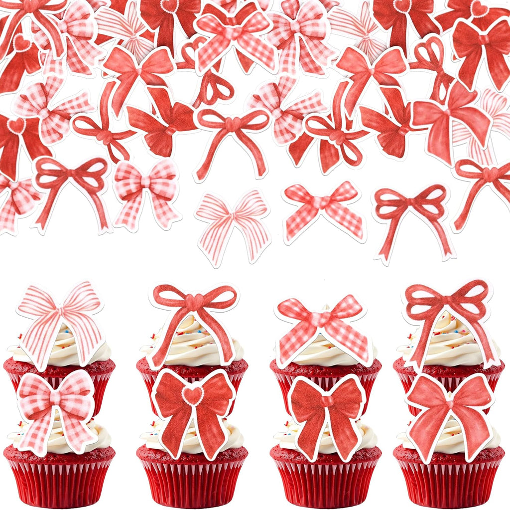 64 PCS Edible Bow Cupcake Toppers Bowknot Ribbons Bow Girls Birthday Cake Decorations Edible Bow Cake Toppers Bowknot Cupcake Picks for Wedding Birthday Baby Shower Chrsitmas Party Supplies Red