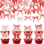 64 PCS Edible Bow Cupcake Toppers Bowknot Ribbons Bow Girls Birthday Cake Decorations Edible Bow Cake Toppers Bowknot Cupcake Picks for Wedding Birthday Baby Shower Chrsitmas Party Supplies Red