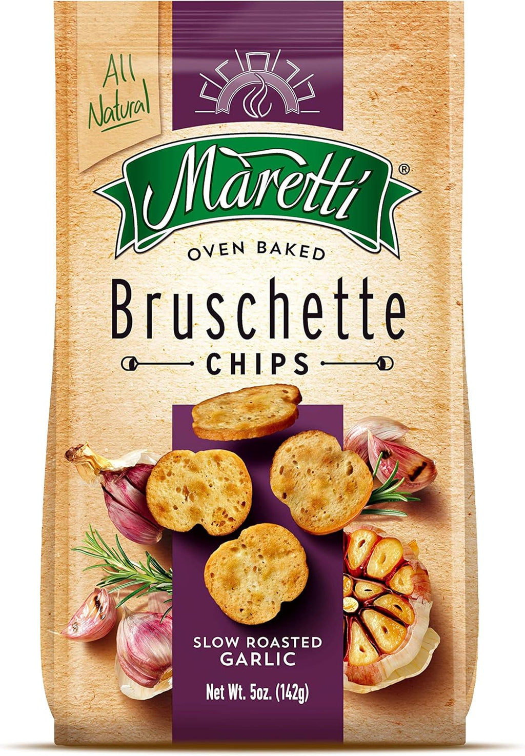 Maretti - Bruschette Chips with Slow Roasted Garlic - All Natural Oven Baked Bagel Chips - Good for Vegetarians - Party Snacks Thin Bagels - No Artificial Colors and Flavor 5 oz. (Pack of 6)