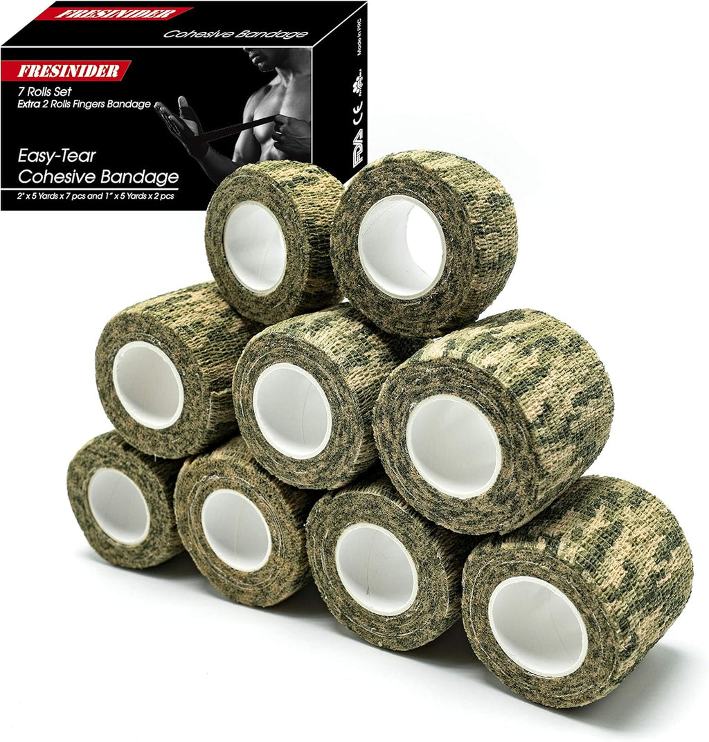 FRESINIDER 9 Rolls Self Adhesive Wrap Athletic Tape Gauze, Breathable Elastic Cohesive Bandage for Sports Injury & Pet (7 Pcs 2" x 5 Yards + 2 Pcs 1" X 5 Yards) (Woodland Multicam Camo)