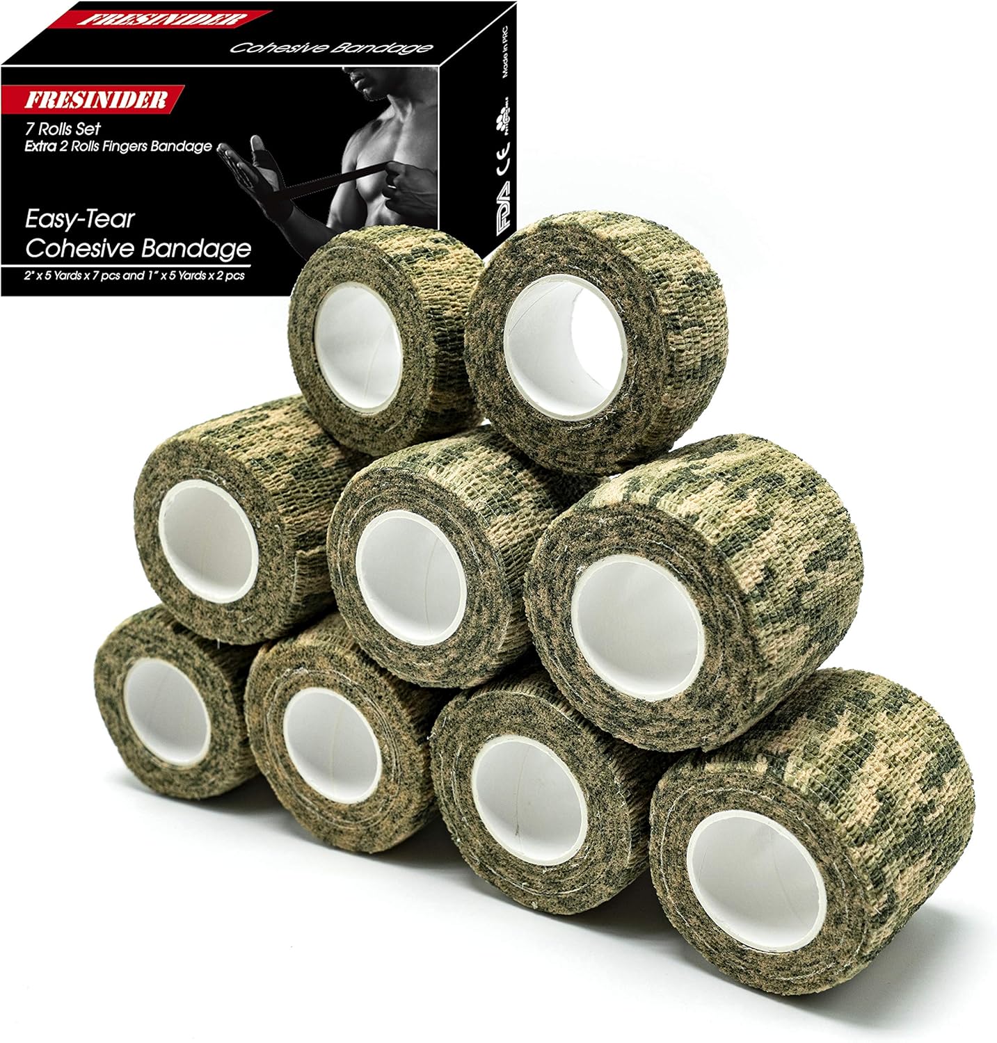 FRESINIDER 9 Rolls Self Adhesive Wrap Athletic Tape Gauze, Breathable Elastic Cohesive Bandage for Sports Injury & Pet (7 Pcs 2" x 5 Yards + 2 Pcs 1" X 5 Yards) (Woodland Multicam Camo)