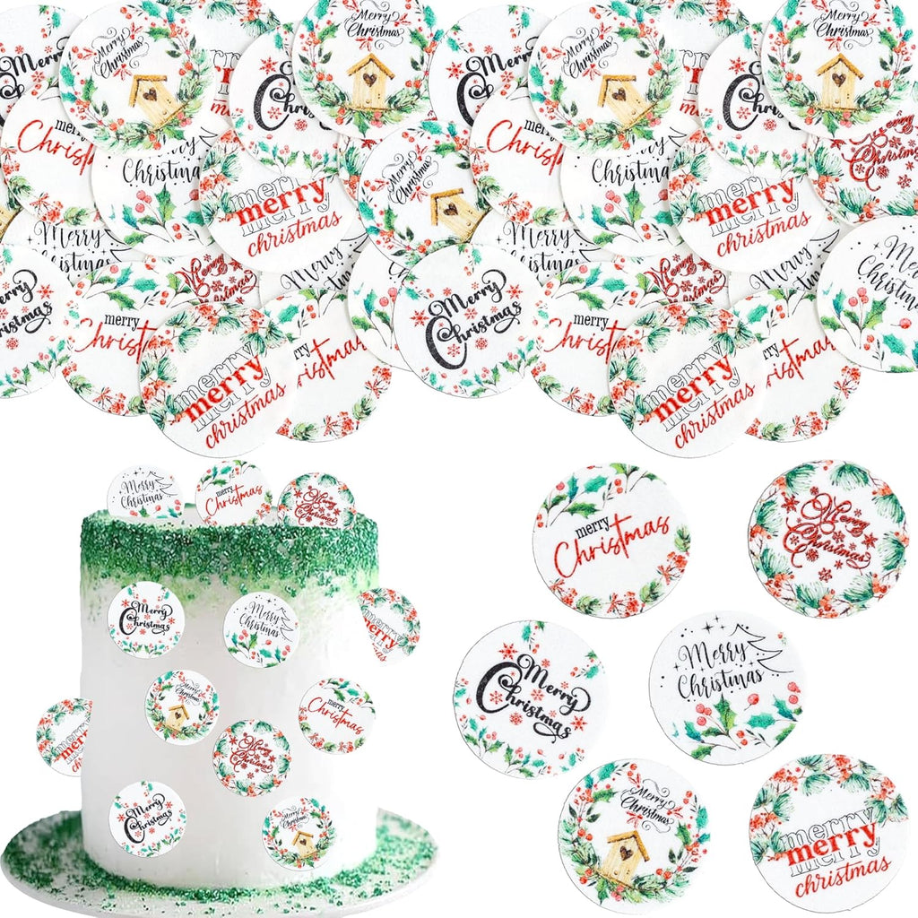 Ephlyn 48Pcs Edible Merry Christmas Cupcake Toppers Wafer Paper Round Cards Cupcake Drink Topper Picks for Celebrating Xmas Theme New Year Holiday Party Cake Decorations Supplies Green Red White