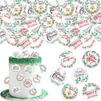 Ephlyn 48Pcs Edible Merry Christmas Cupcake Toppers Wafer Paper Round Cards Cupcake Drink Topper Picks for Celebrating Xmas Theme New Year Holiday Party Cake Decorations Supplies Green Red White