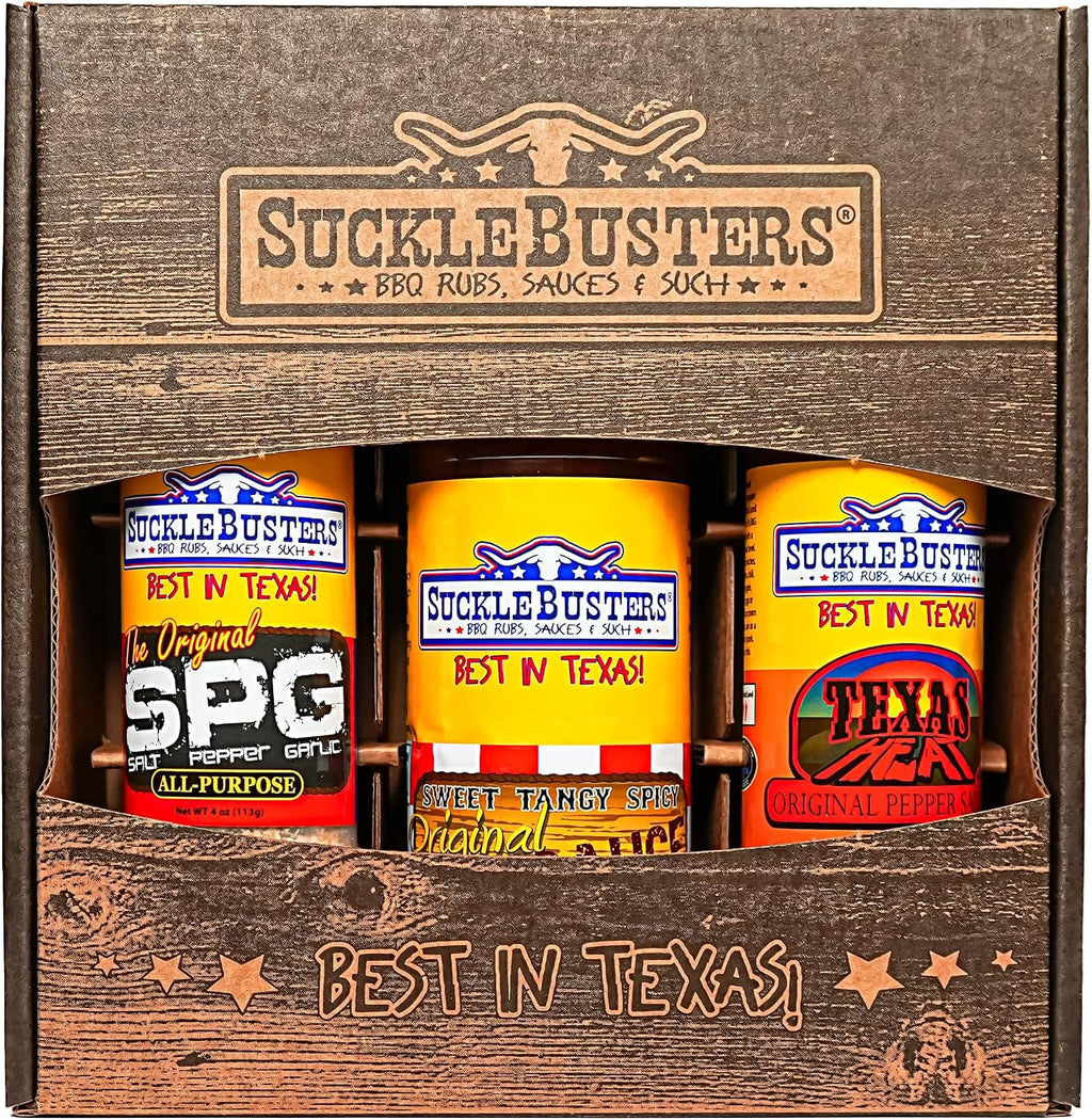 SuckleBusters Texas BBQ Gift Box - Award-Winning Assorted Sauce, Texas Heat Pepper Sauce, and SPG All-Purpose BBQ Rub (3 Pack Set)