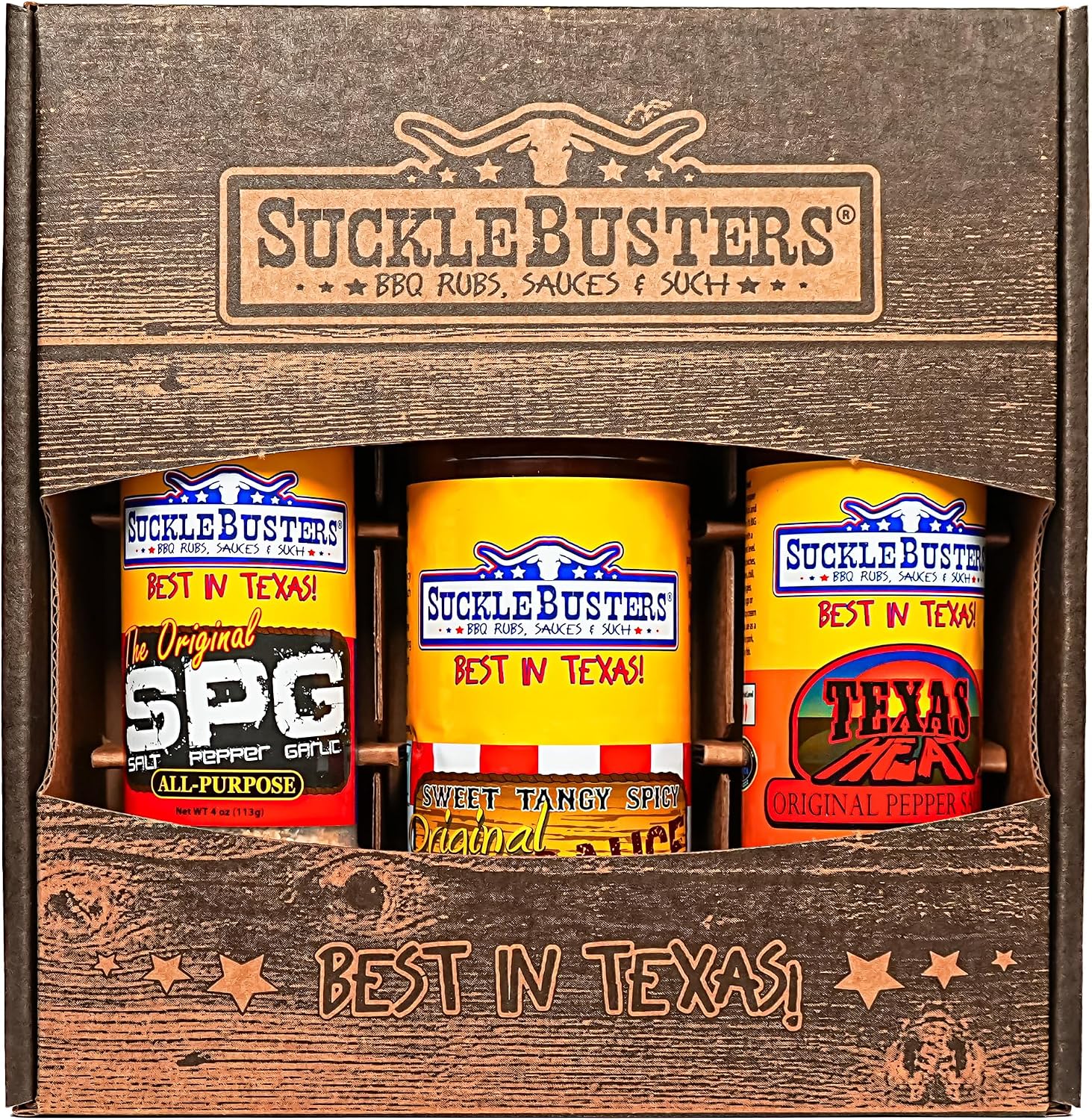 SuckleBusters Texas BBQ Gift Box - Award-Winning Assorted Sauce, Texas Heat Pepper Sauce, and SPG All-Purpose BBQ Rub (3 Pack Set)