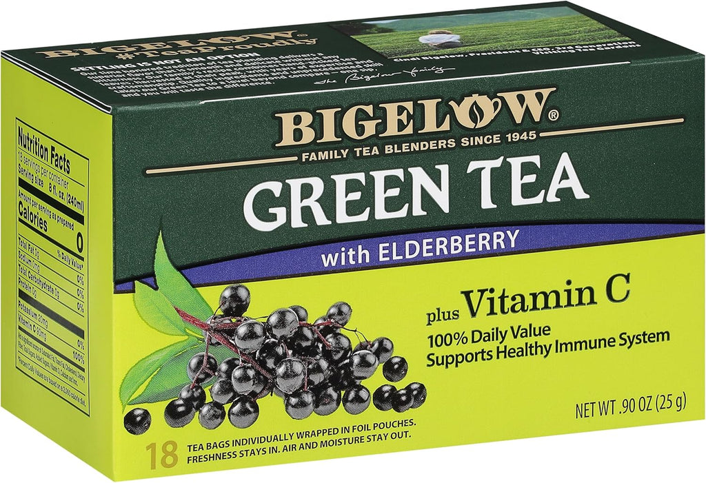 Bigelow Tea Green Tea Elderberry plus Vitamin C, Caffeinated, 18 Total Tea Bags (Pack of 1)