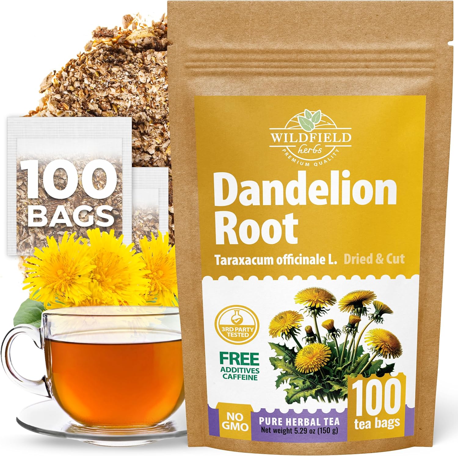 100 Bags Dandelion Root Tea Dandelion Tea Herbal (Taraxacum Officinale) - 100 Count 1.5g Bags Dried Herb Raíz De Diente De León