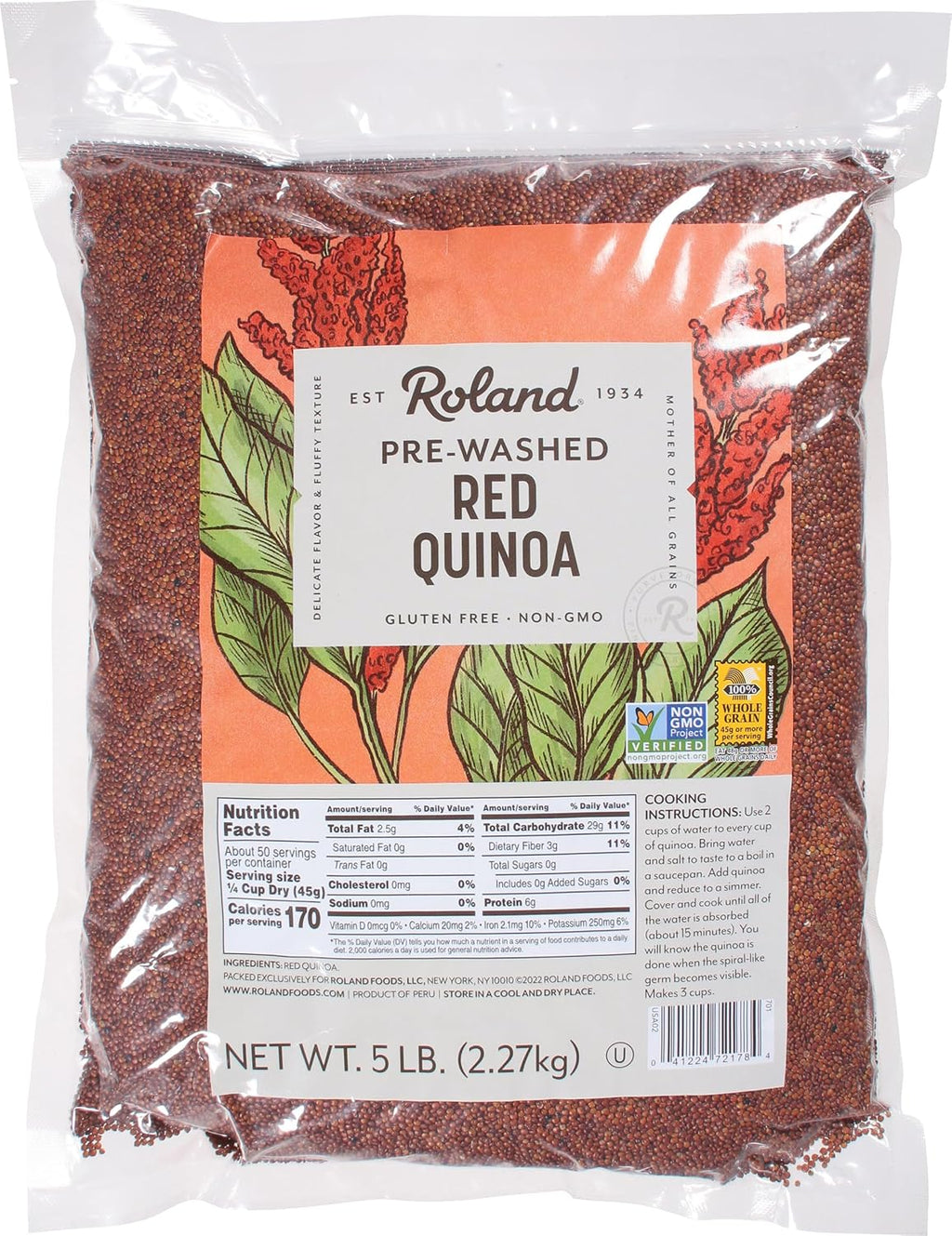 Roland Foods Red Quinoa from Peru, Pre-washed, 5 Lb Bag