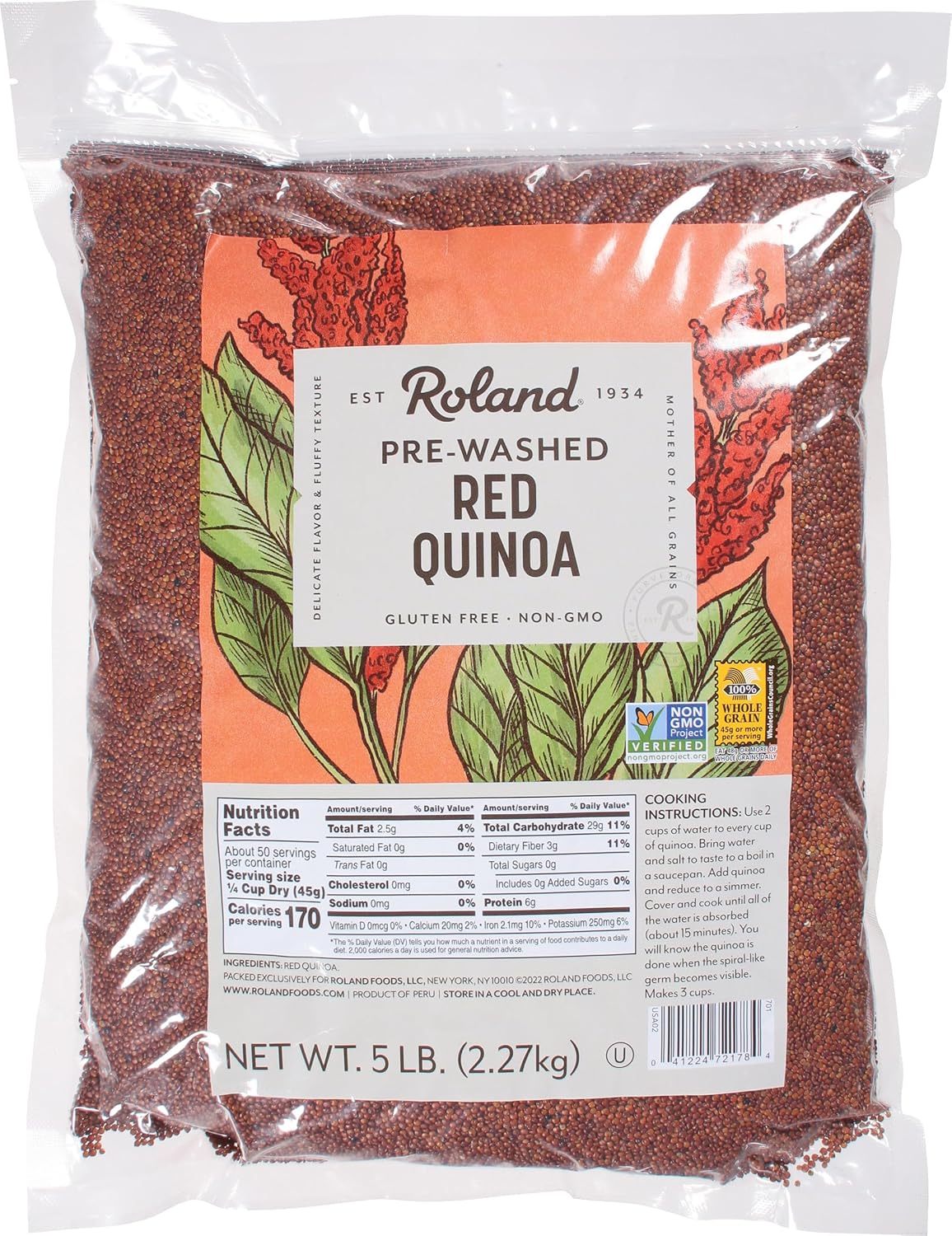 Roland Foods Red Quinoa from Peru, Pre-washed, 5 Lb Bag
