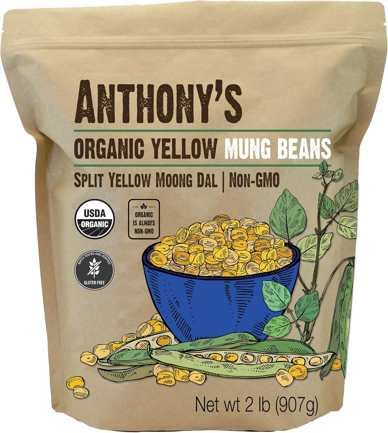Anthony's Organic Split Yellow Mung Bean, 2 lb, Moong Dal, Gluten Free, Non GMO, Vegan