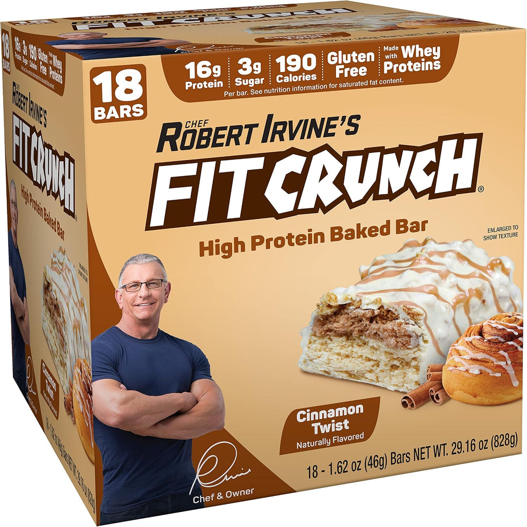 FITCRUNCH Snack Size Protein Bars, 6-Layer Baked Bar, 3g of Sugar & Soft Cake Core (18 Bars, Cinnamon Twist)