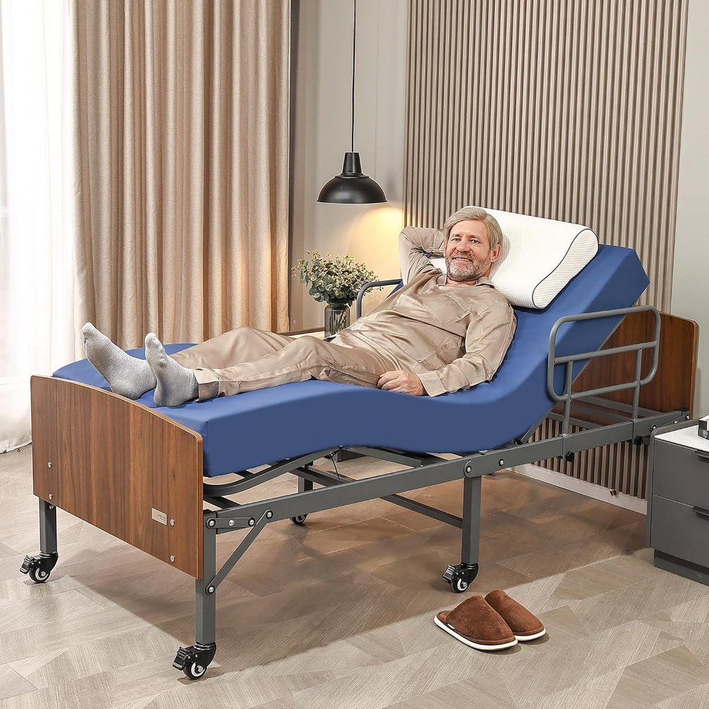 ESHINE Adjustable Bed Frame with Hospital Waterproof Mattress - Wireless Remote, Underbed Light, Headboard, 2.5" Wheels, Head & Foot Incline, Mobility Support, Easy Installation, 750 lbs Capacity