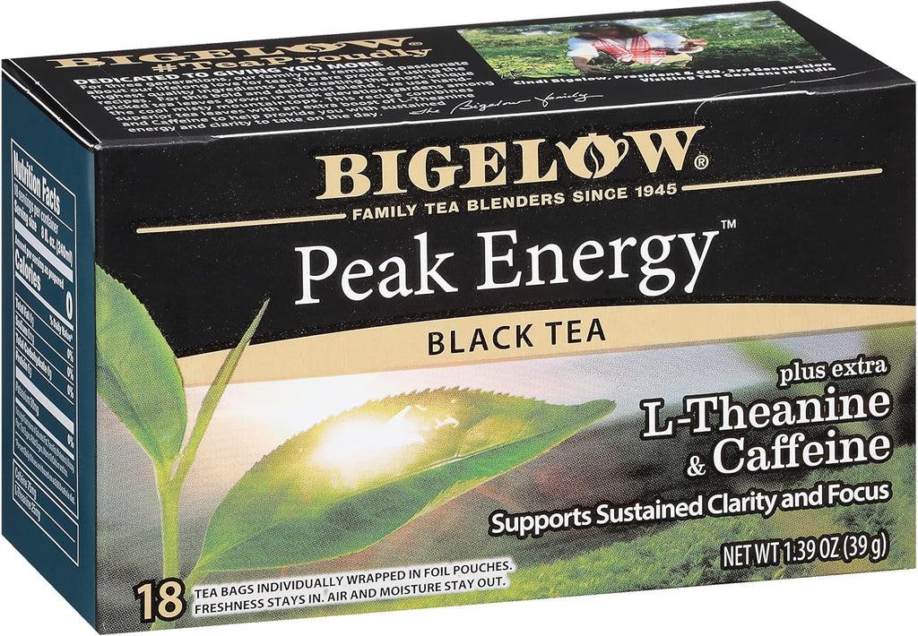 Bigelow Tea Peak Energy plus extra L-Theanine & Caffeine, 18 Count (Pack of 6), 108 Total Tea Bags
