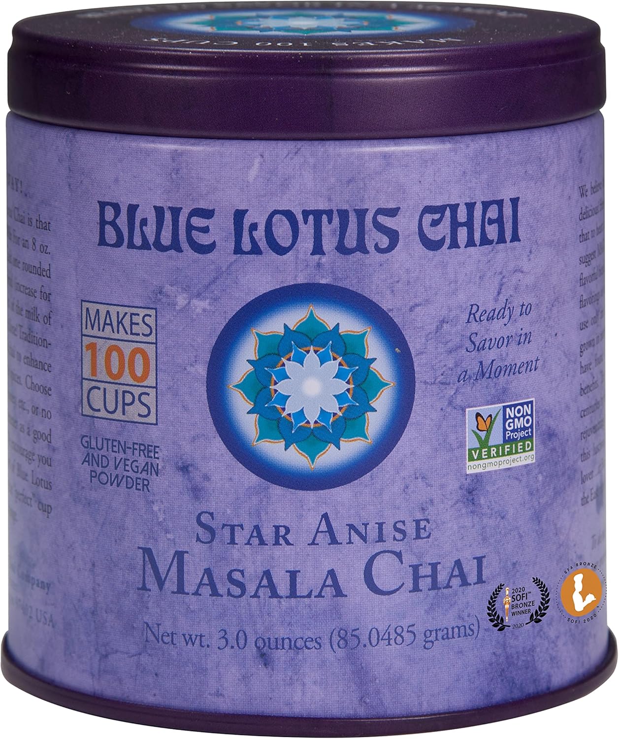 Blue Lotus Chai - Star Anise Masala Chai - Makes 100 Cups - 3 Ounce Masala Spiced Chai Powder with Organic Spices - Instant Indian Tea No Steeping - No Gluten